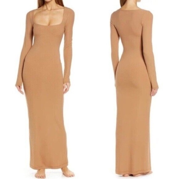 NWT SKIMS Long Sleeve Soft Lounge Slip Dress - Camel - Picture 1 of 3